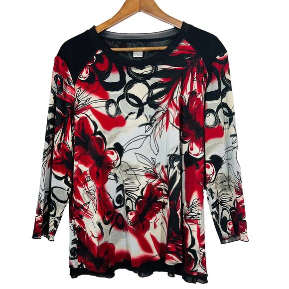 Nygard Collection Mid Mod Tunic Floral Print Long Sleeve Scoop Black Red - 18/20 - Picture 1 of 4
